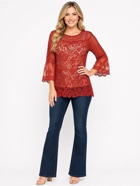 Cato Boho Burnt Orange Crochet Lace Bell Sleeve Blouse Size Large Fall Top